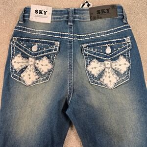 Sky Premium Collection Flare Jeans Blue Embellished Bow Pockets Size 7/25 Cross